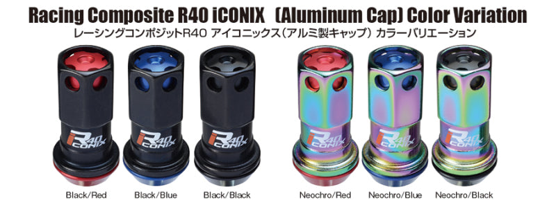 Project Kics 12X1.25 Neo Chrome R40 Iconix Lock & Lug Nuts - 16+4 (Black Cap) - part WRIA13NK - TLNS Motorsports