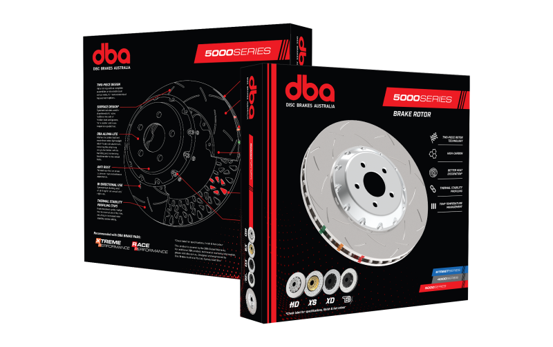DBA 05-10 Ford Mustang GT / 11-13 V6 Front Slotted 5000 Series 2 Piece Rotor Assembled w/ Black Hat - part DBA52113BLKS - TLNS Motorsports