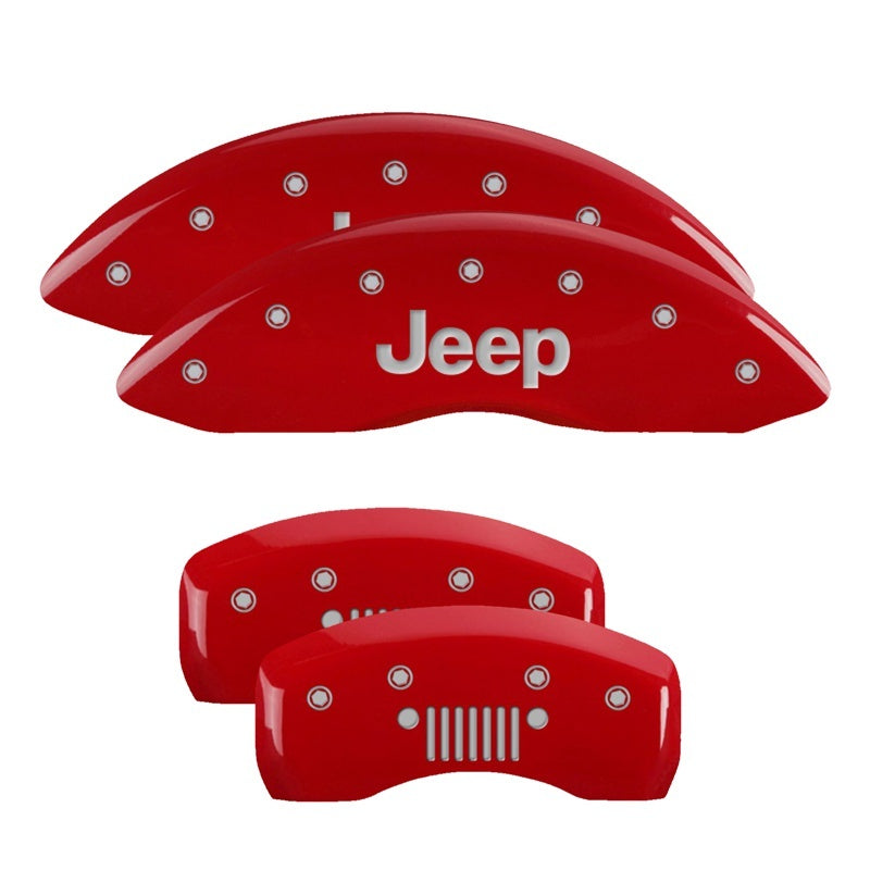 MGP 4 Caliper Covers Engraved Front & Rear 20-26 Jeep Gladiator - Red w/ JEEP & Grill Logo - MGP - part 42021SJPLRD - TLNS Motorsports